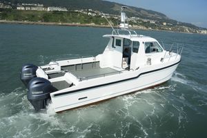 catamaran cruising fishing boat / twin-engine / outboard / with enclosed cockpit