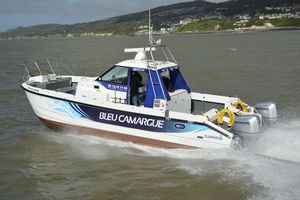 catamaran express cruiser / twin-engine / outboard / with enclosed cockpit