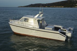 catamaran cabin cruiser / twin-engine / outboard / hard-top