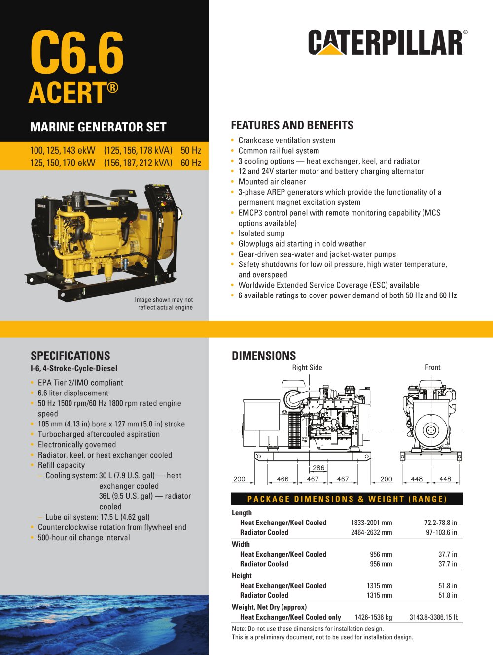 cat c6 6 acert genset spec sheet caterpillar marine power systems spec sheets