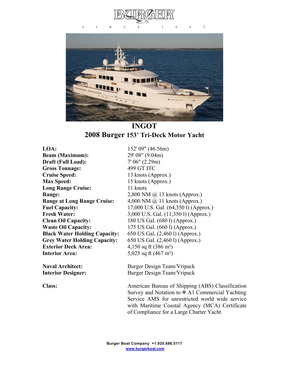 Burger INGOT Specs - Burger