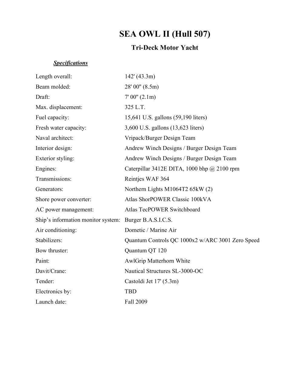 Sea Owl Specs - Burger