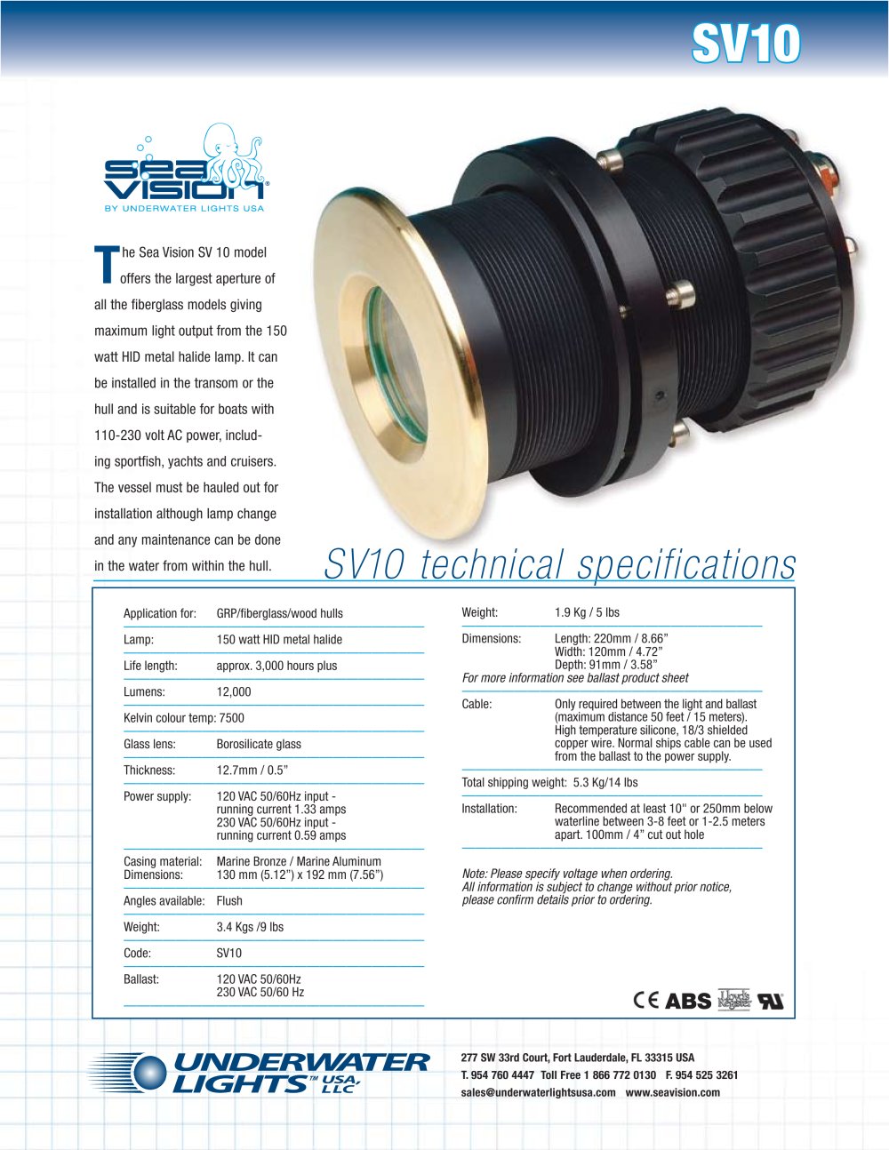 Sea Vision SV10 Metal Halide Underwater light - Underwater Lights - Sea Vision