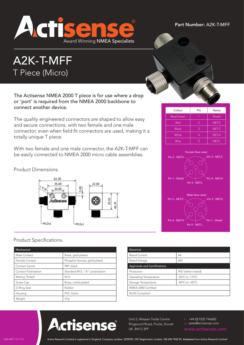 NMEA 2000 Micro T Piece A2K-T-MFF - Actisense