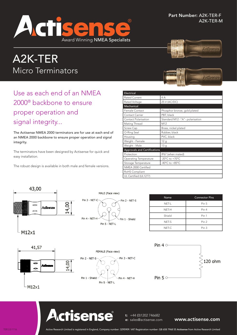 NMEA 2000 Micro Terminators A2K-TER-F - Actisense