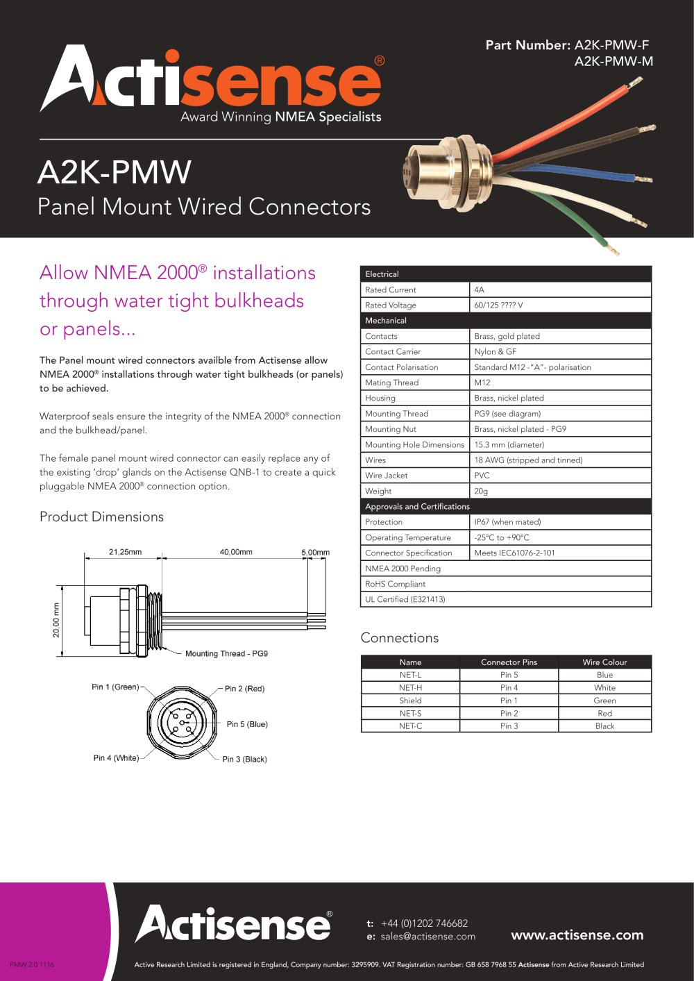 Panel mount connectors A2K -PMW-F & A2K-PMW-M - Actisense