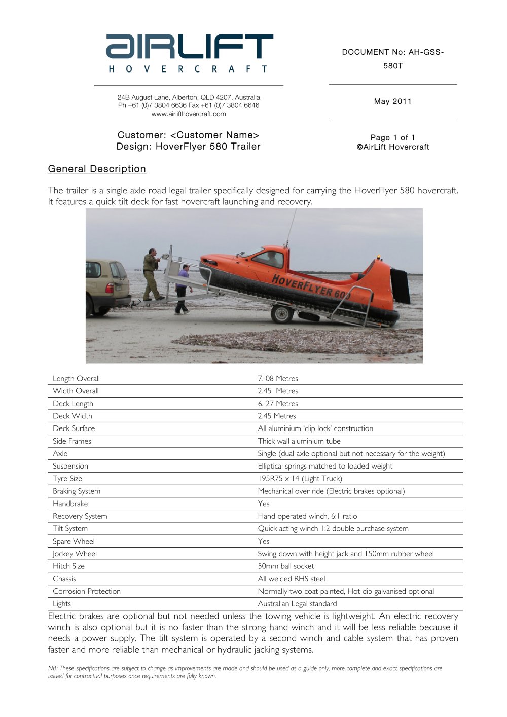 HoverFlyer 580 Trailer - AirLift Hovercraft