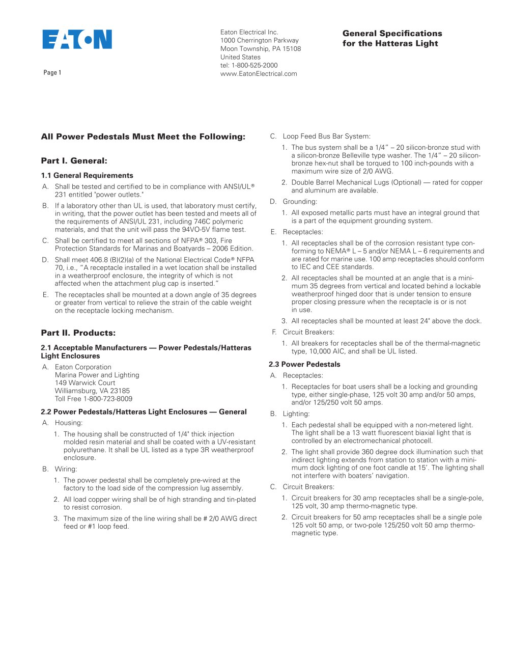 Hatteras light specifications - Eaton