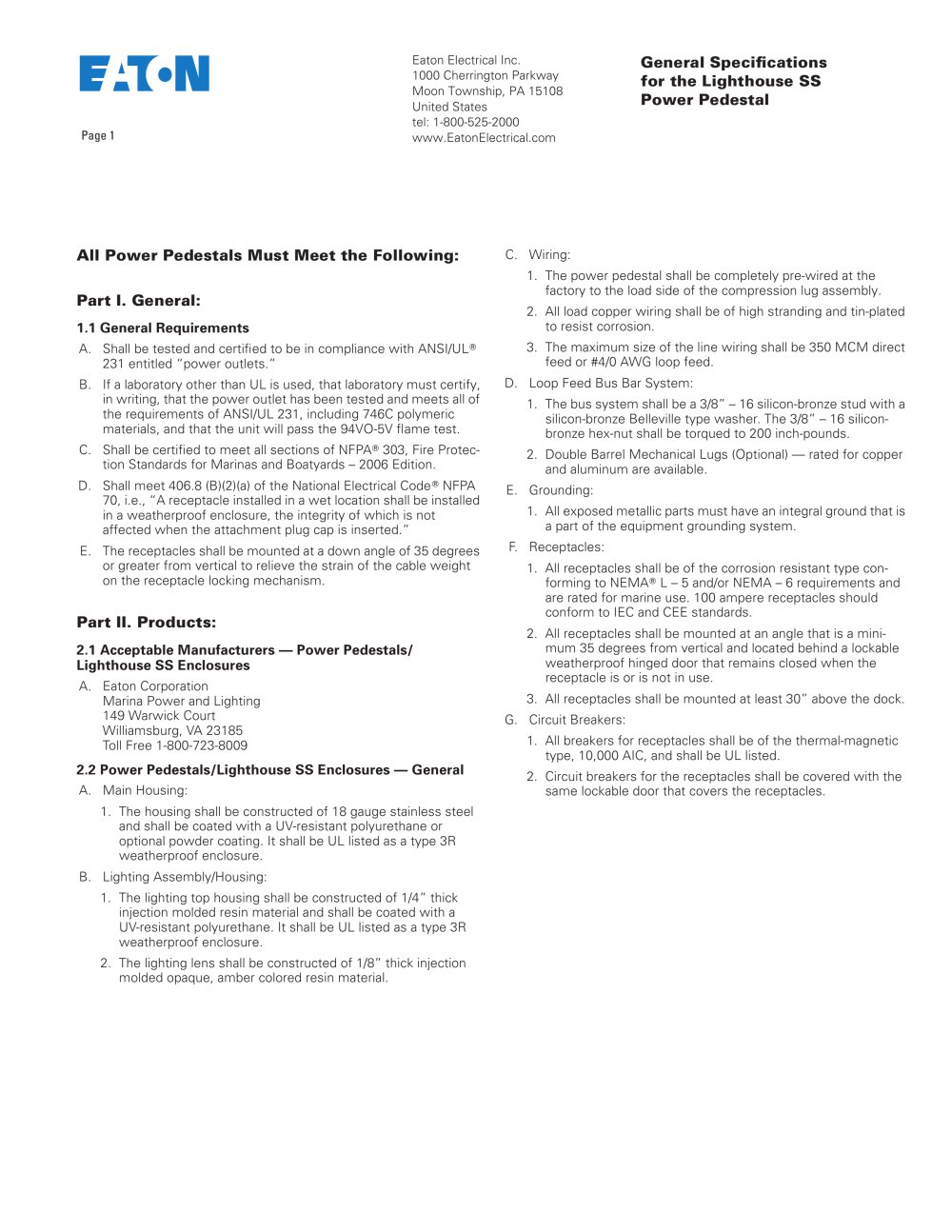 Lighthouse SS specifications - Eaton