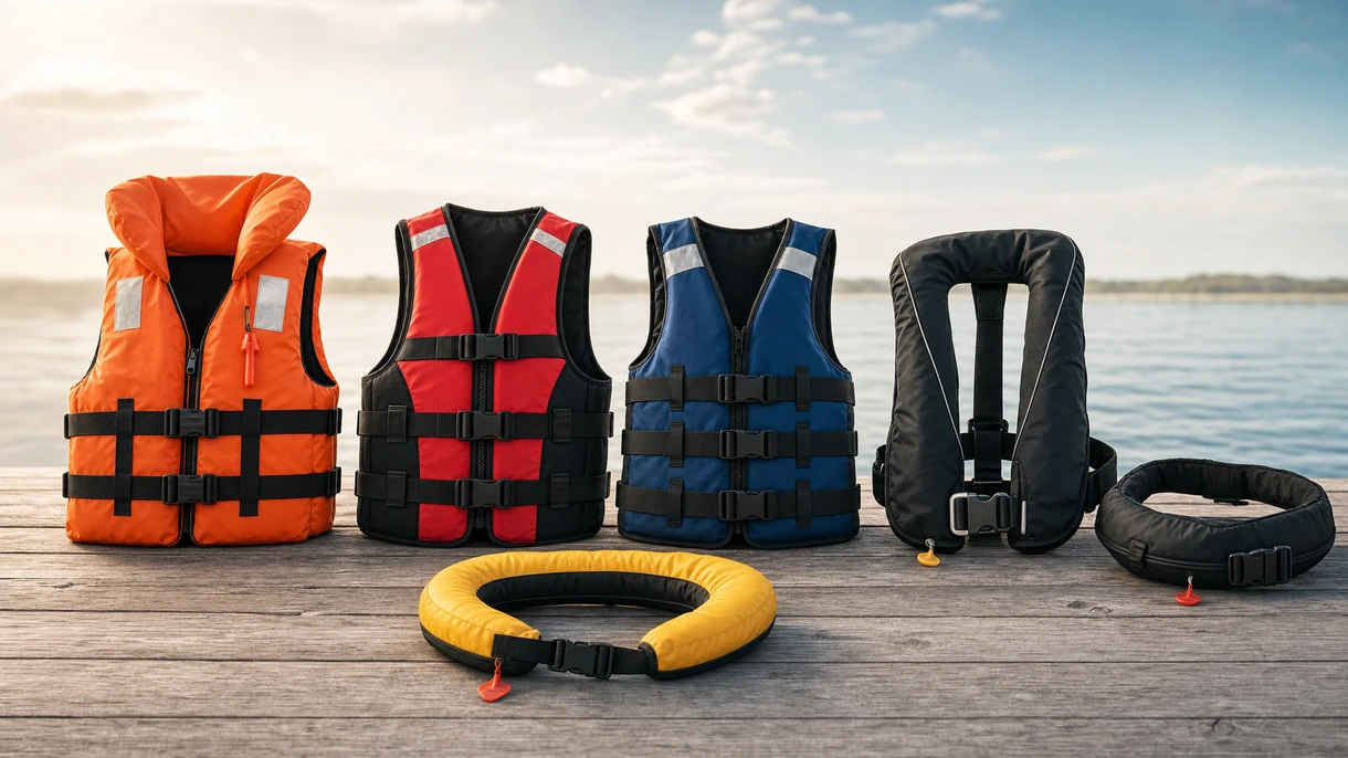 Deck crew wearing professional inflatable SOLAS life jackets while performing maintenance on a commercial motor vessel at sea.