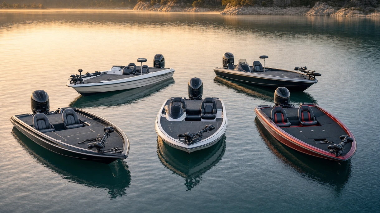 Professional bass boat navigating a coastal harbor at high speed during a technical performance evaluation for fleet owners.