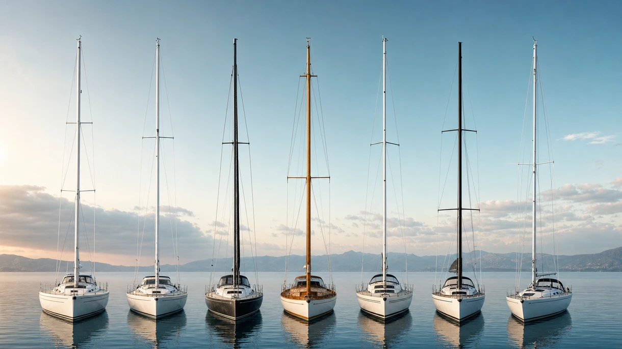 Professional crew installing a carbon fiber sailboat mast on a luxury yacht at a high-capacity shipyard crane facility.