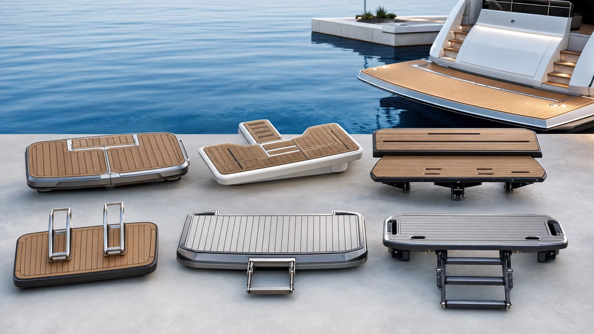 Hydraulic swim platform lowering a rigid inflatable tender into the water from the stern of a large motor yacht.
