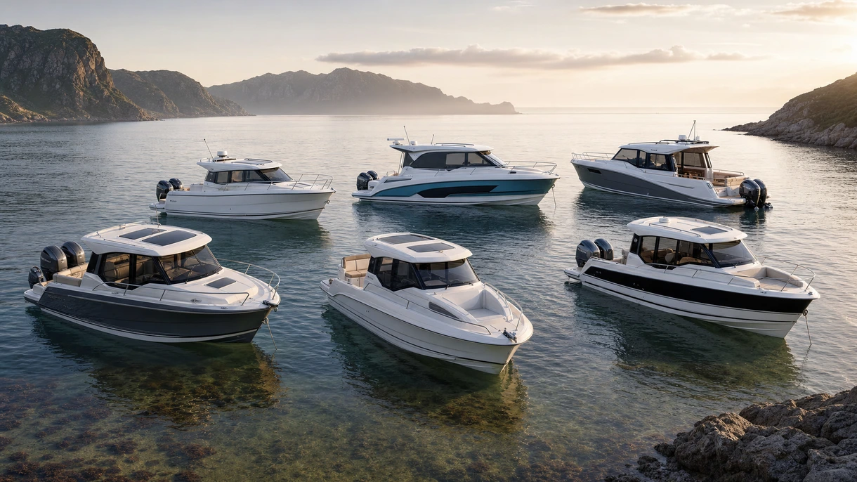 Commercial outboard cabin cruiser navigating coastal waters during high-speed sea trials for professional fleet procurement evaluation.
