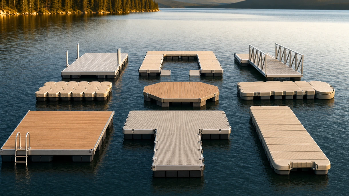 Commercial modular dock system supporting multiple luxury motor yachts at a high-traffic European marina facility.