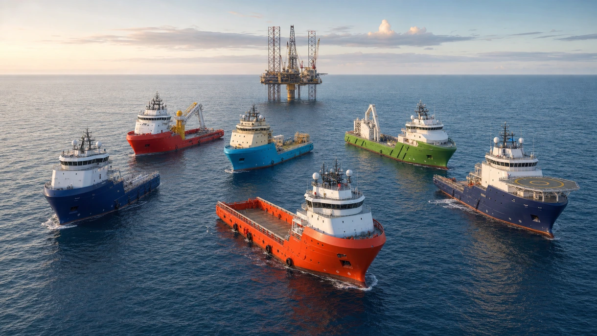 Offshore support vessel maintaining station near a deepwater platform during heavy-lift transfer in the North Sea.