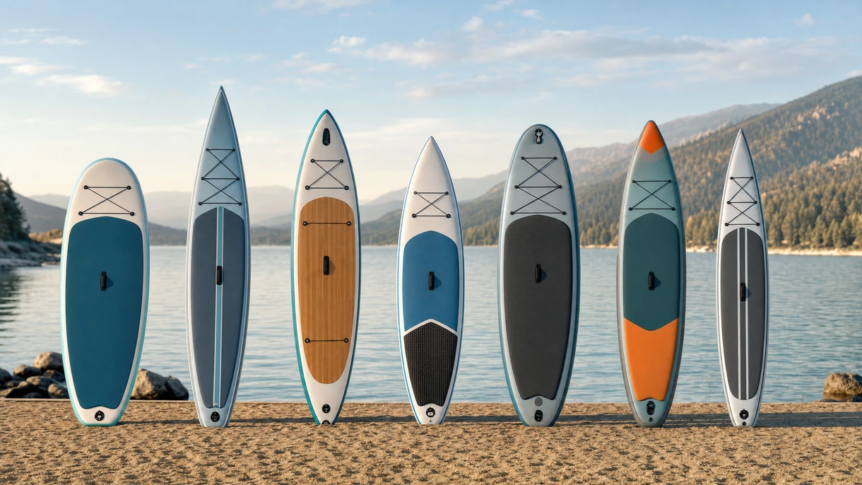Professional crew deploying heavy-duty inflatable stand-up paddle-boards from a superyacht swim platform for guest use.