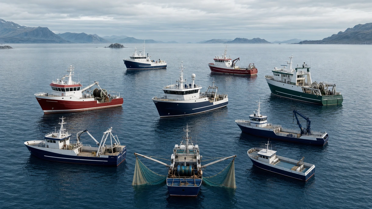 Professional stern trawler harvesting catch in North Atlantic waters during high sea state operations for fleet management.