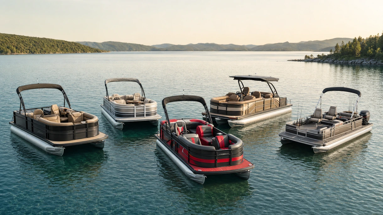 Commercial pontoon boat transporting passengers through a busy harbor during a professional maritime operation showing deck stability and space.