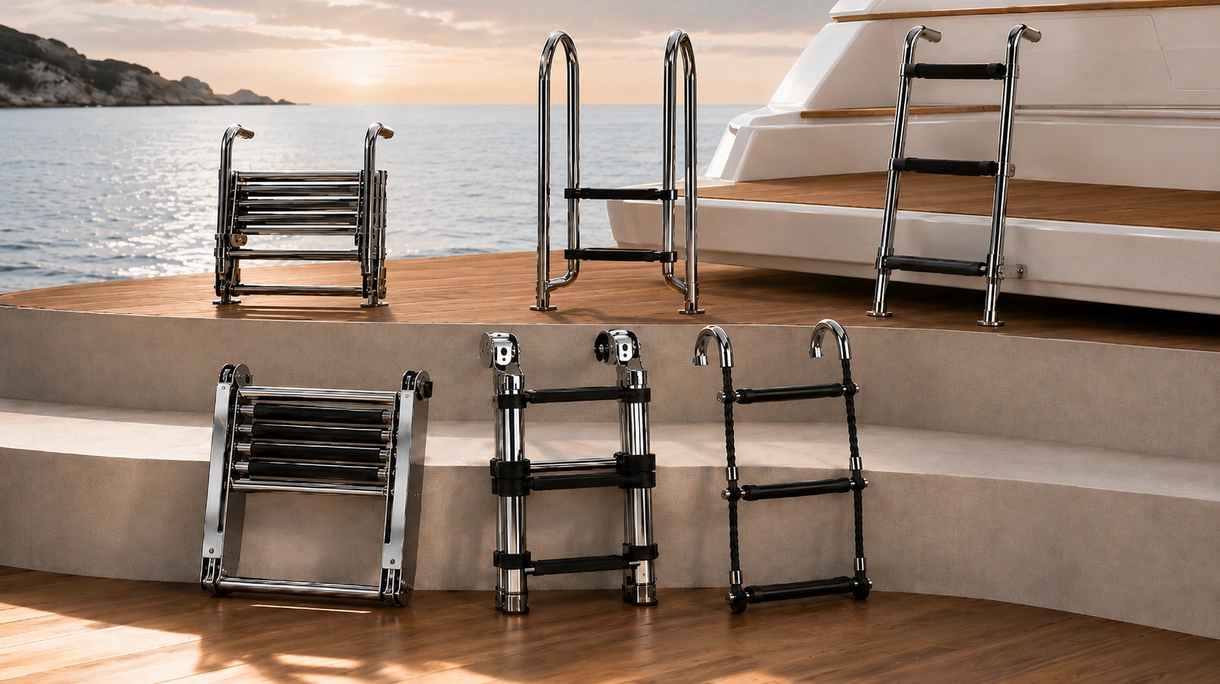 Professional diver utilizing a heavy-duty stainless steel swim ladder on a commercial vessel during offshore maritime operations.