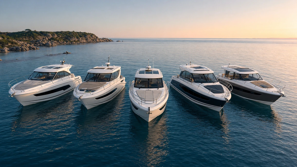 A professional 2-cabin express cruiser navigating through coastal waters at high speed during a sea trial evaluation.