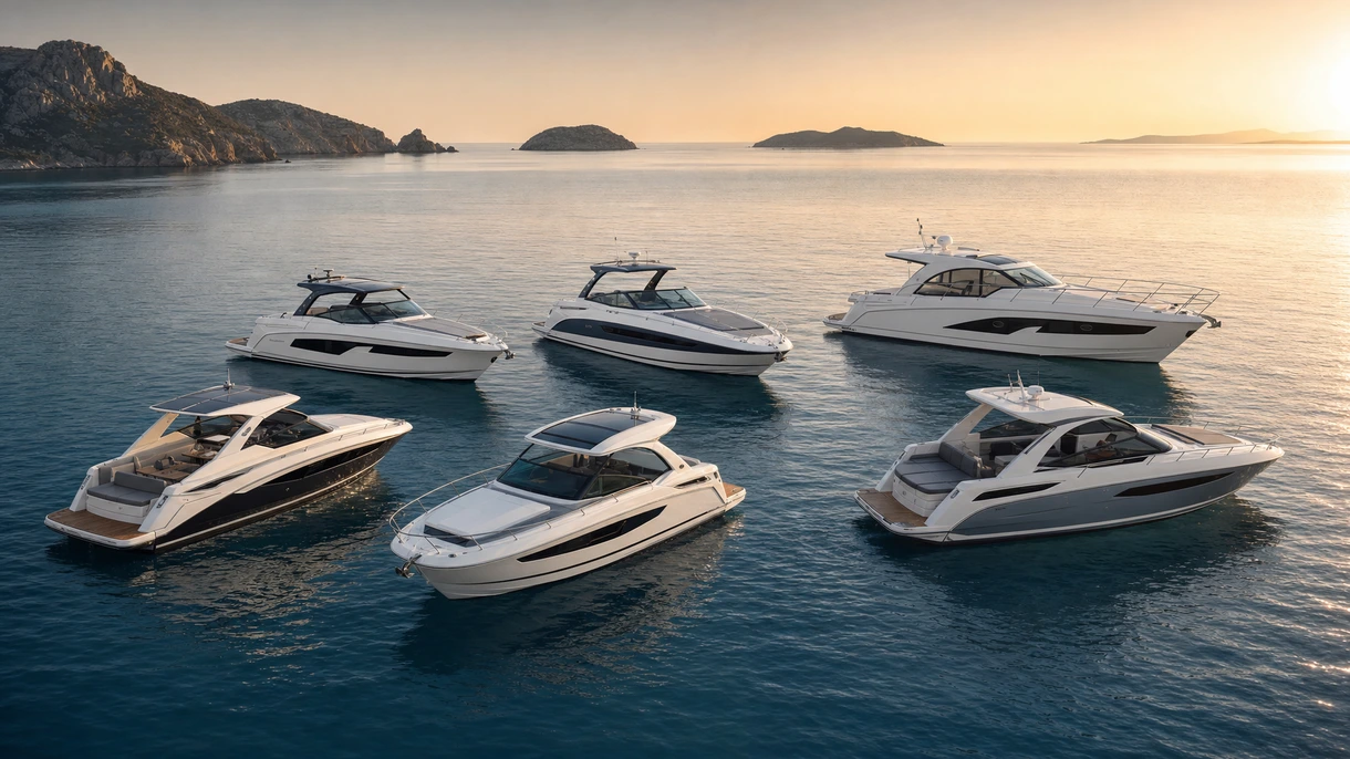 Professional crew operating an inboard express cruiser at cruising speed through open coastal waters during a sea trial.