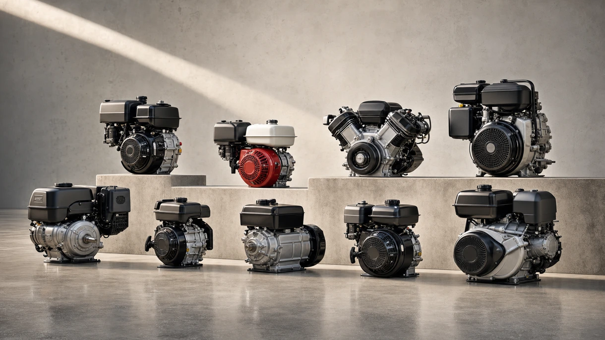 Professional boat technician installing a high-performance gasoline outboard engine on a maritime patrol vessel at the shipyard.