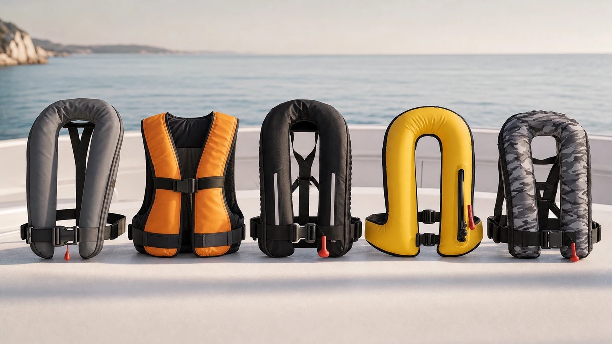 Deck crew wearing professional inflatable life jackets during mooring operations on a commercial tanker vessel.