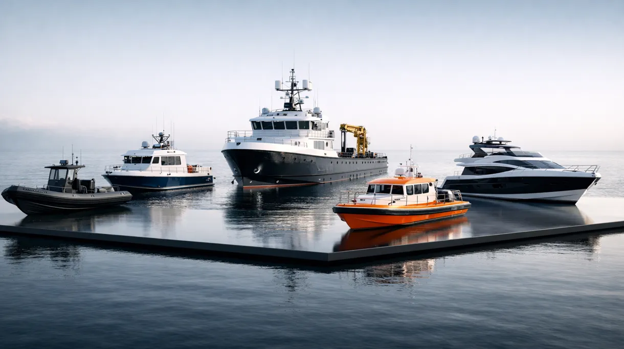 Professional aluminum workboat conducting survey operations in a commercial harbor with specialized crew members on the working deck.