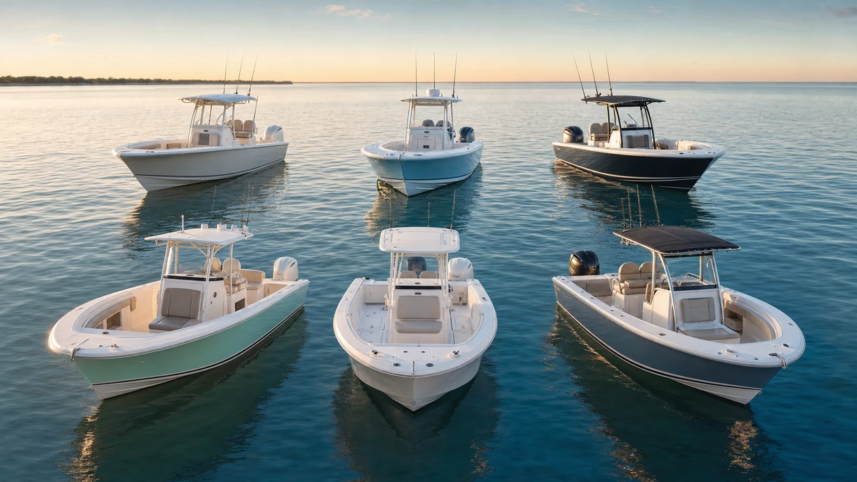 Professional center console fishing boat navigating offshore waters at high speed during a commercial charter sea trial.