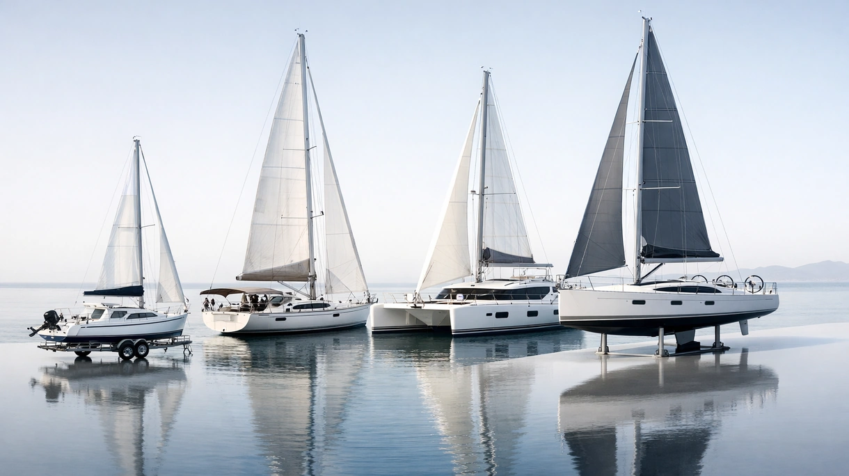 Professional blue water cruising sailboat navigating open ocean swells during a maritime fleet delivery under full sail.