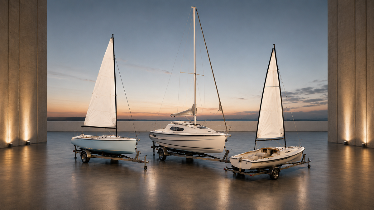 Transportable sailboat being deployed from a hydraulic trailer at a professional marina slipway for fleet operations.