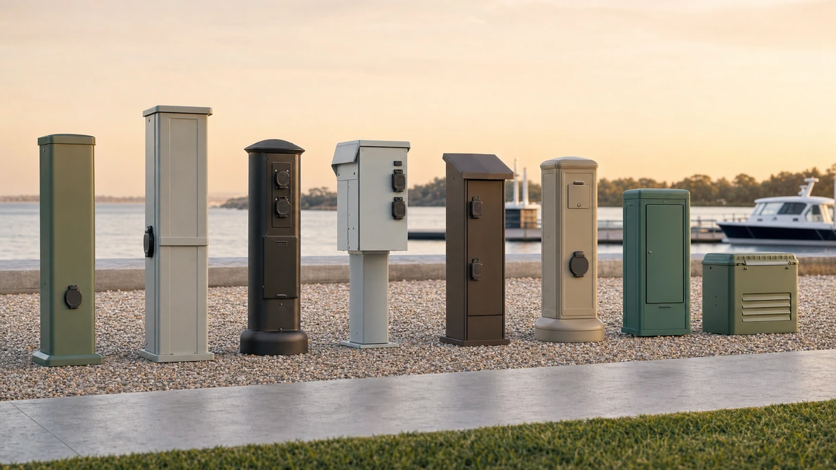 Professional marine electrical pedestal installed on a luxury yacht marina dock with shore power cables connected to a vessel.