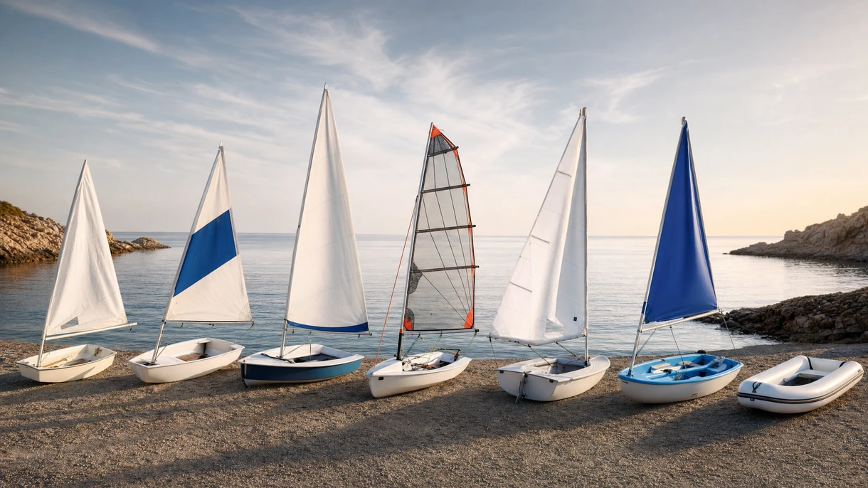Professional sailing instructor guiding students on a fleet of recreational dinghies during a coastal maritime training session at sea.