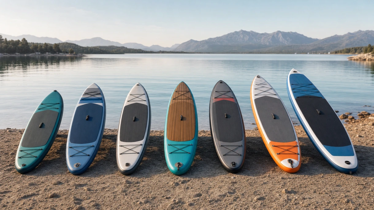 Commercial charter fleet guests utilizing all-around stand-up paddle-boards near a luxury motor yacht in Mediterranean coastal waters.