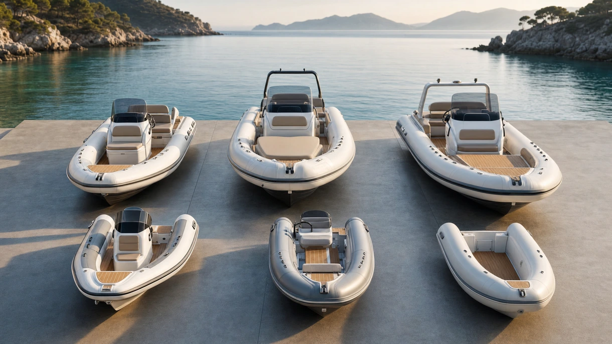 Professional tender with synthetic teak decking moored alongside a large motor yacht during ship-to-shore personnel transfer operations.
