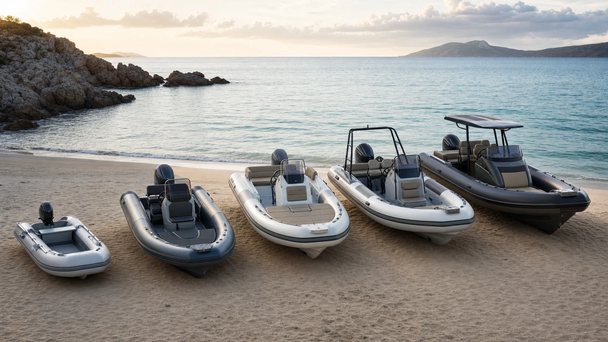 Professional outboard inflatable boat used as a crew transfer tender alongside a commercial vessel in high sea state conditions.