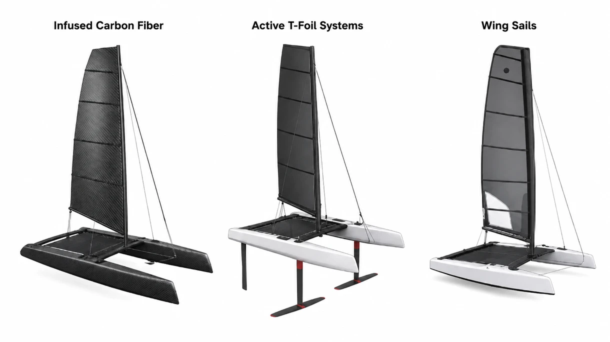 Detailed close up of a high modulus carbon fiber hydrofoil assembly showing the adjustable winglet and titanium mounting hardware.