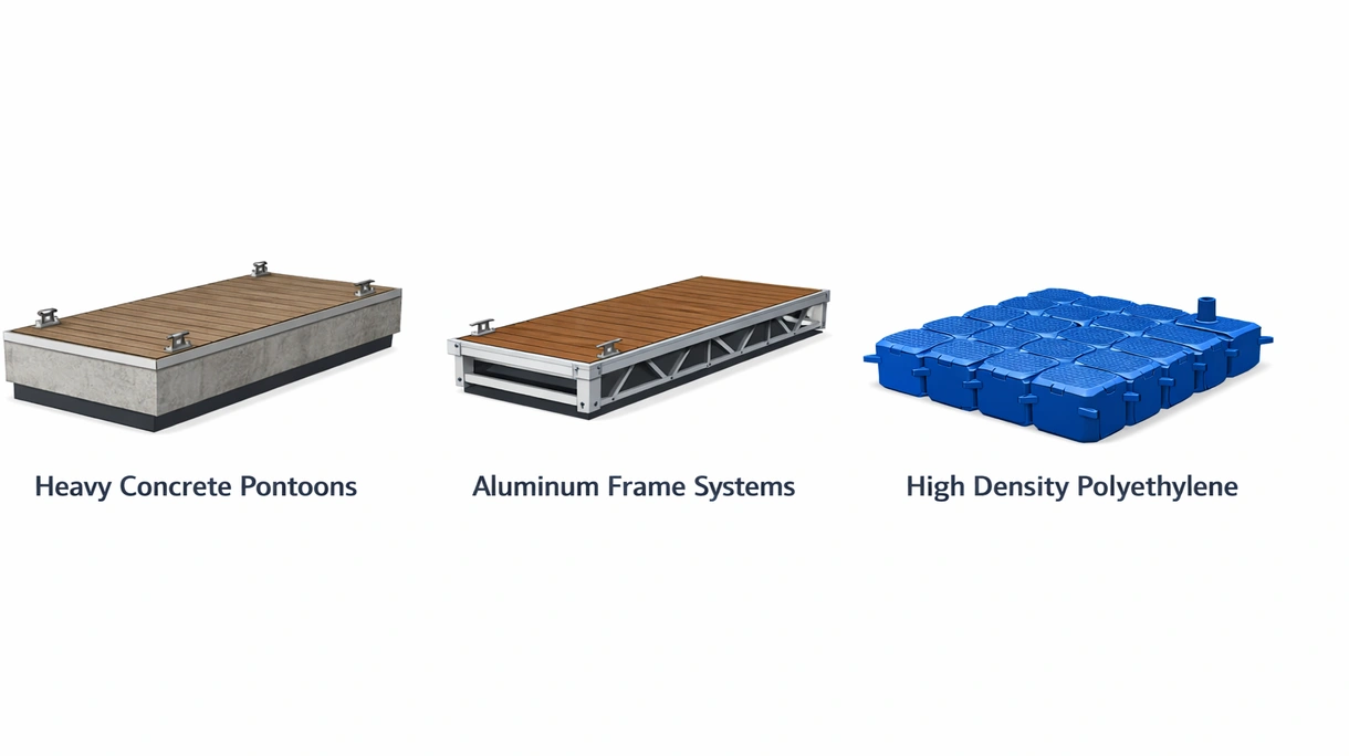 Technical detail of a marine-grade stainless steel internal pile guide and roller system on an aluminum floating pontoon.