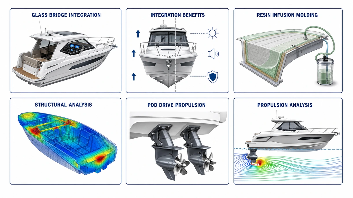 Technical close-up of a carbon fiber hard-top structure showing integrated radar mounts and aerodynamic drainage channels on a yacht.