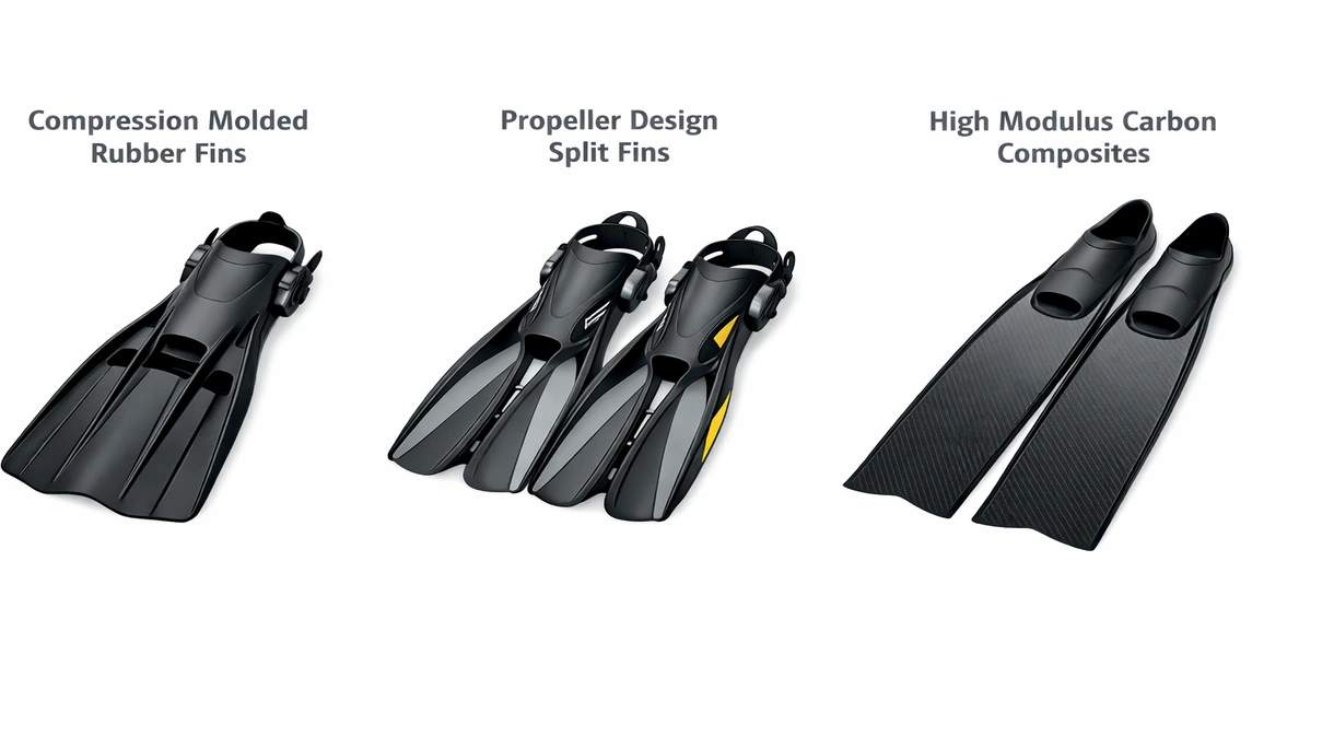 Close-up of a carbon fiber dive fin blade showing the reinforced weave and hydrodynamic flow channel architecture.