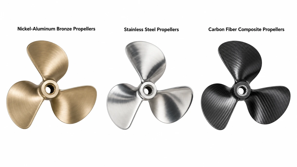Detailed close-up of a machined nickel-aluminum bronze propeller blade showing precision surface finishing and hydrodynamic edge profile.
