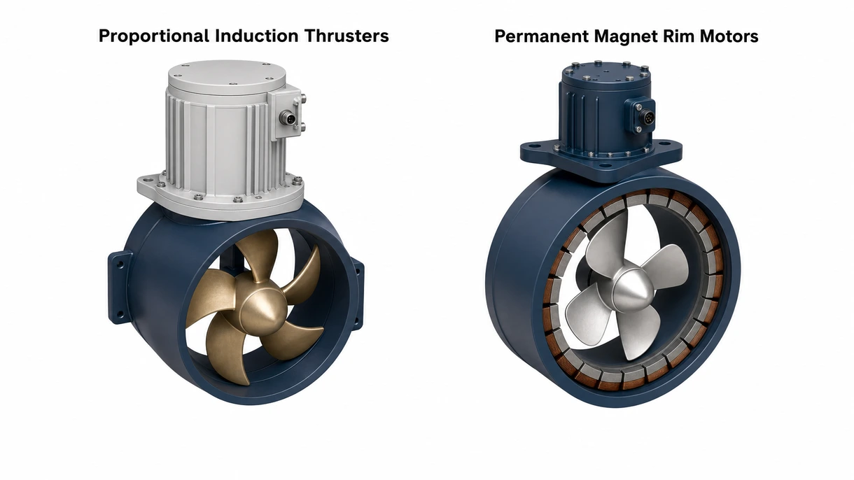 Detailed view of a bronze tunnel thruster with a permanent magnet motor installed on a commercial vessel hull.