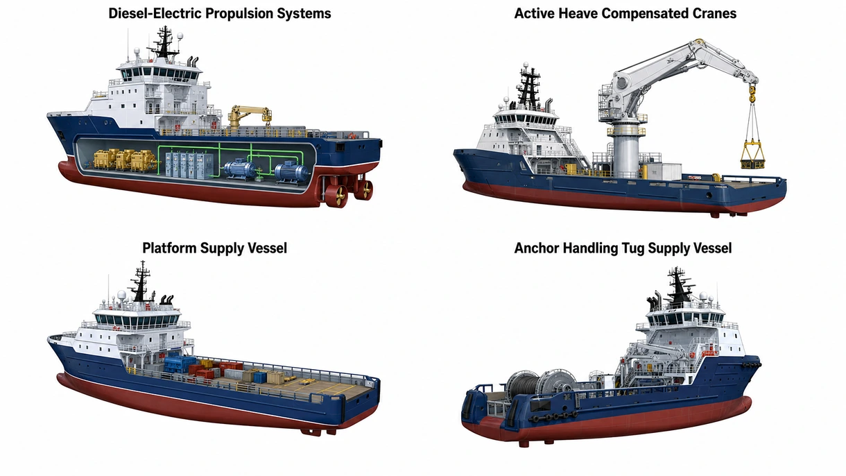 Technical close-up of a dynamic positioning thruster and active heave compensated winch on an offshore support vessel.