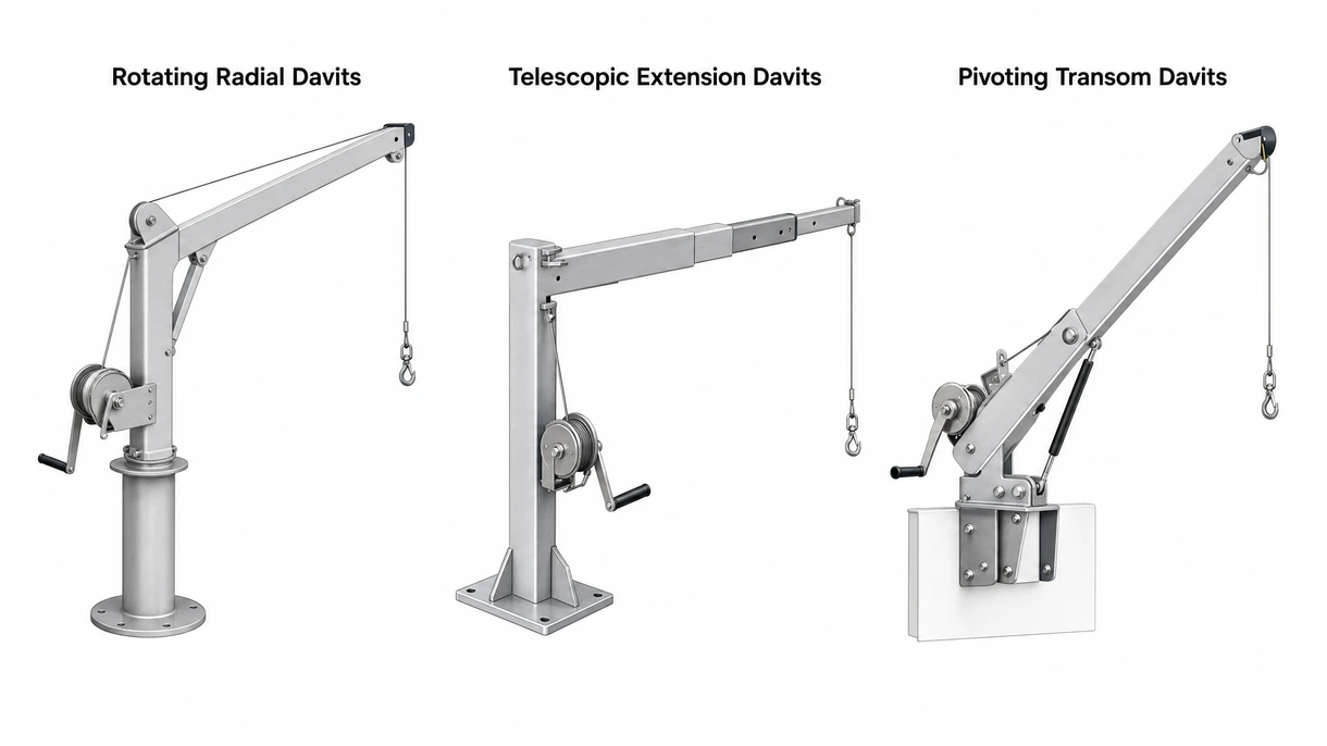 Technical close-up of a high-ratio manual winch and internal gear assembly on a marine-grade deck-mounted davit arm.