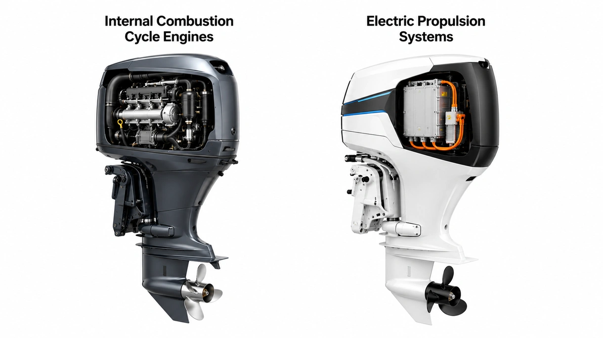 Detailed technical view of an outboard engine gearcase and propeller showing specialized anti-corrosion coating for marine use.