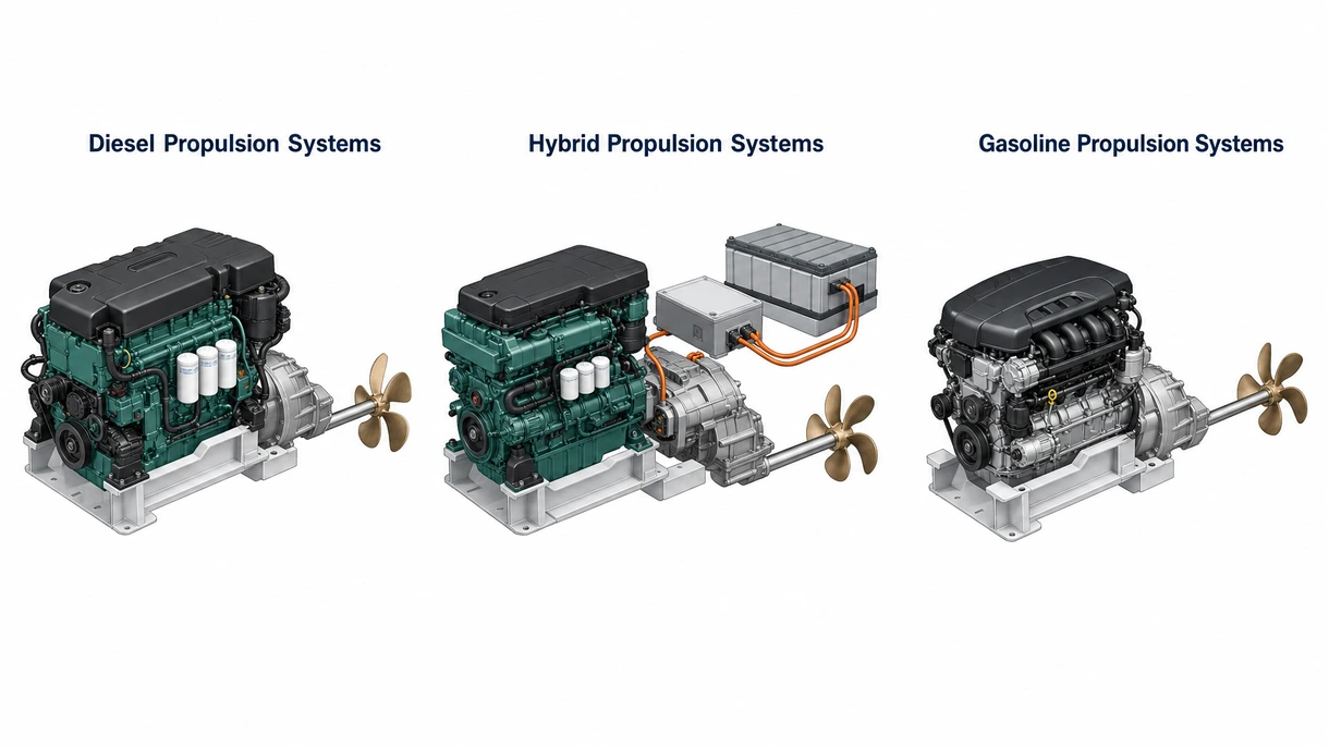 Technical close-up of a high-pressure common rail fuel injection system on a modern maritime turbocharged inboard diesel engine.