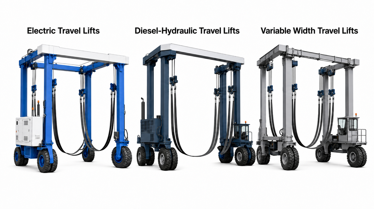 Technical detail of hydraulic winch system and steel cables on a mobile boat hoist for precision maritime lifting operations.