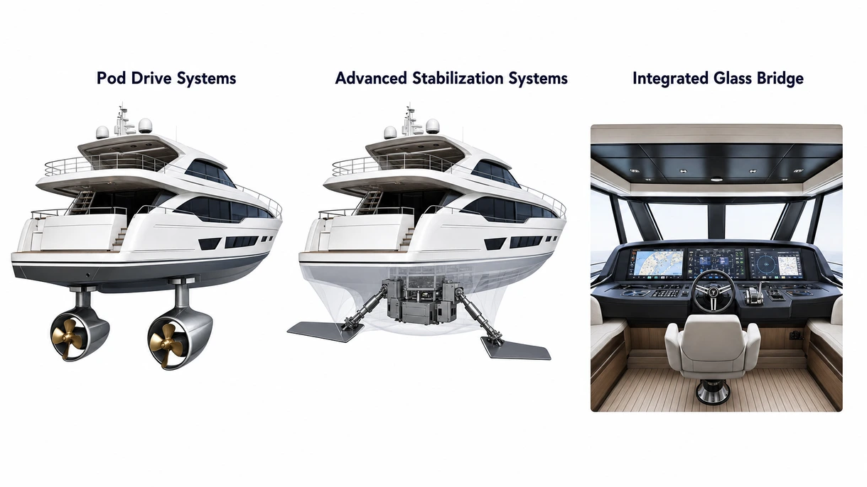 Detailed view of the engine room featuring twin diesel engines and synchronized stabilization systems for yacht operation.
