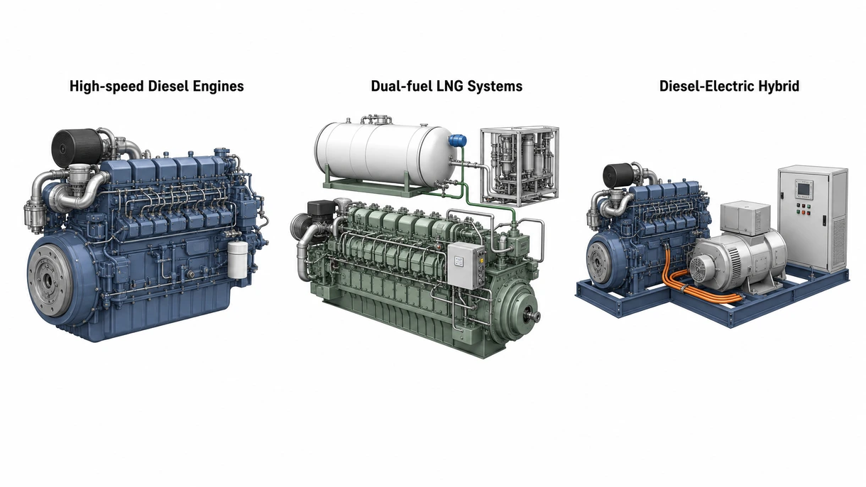 Detailed view of a common rail fuel injection system on a modern high-speed diesel engine for maritime applications.